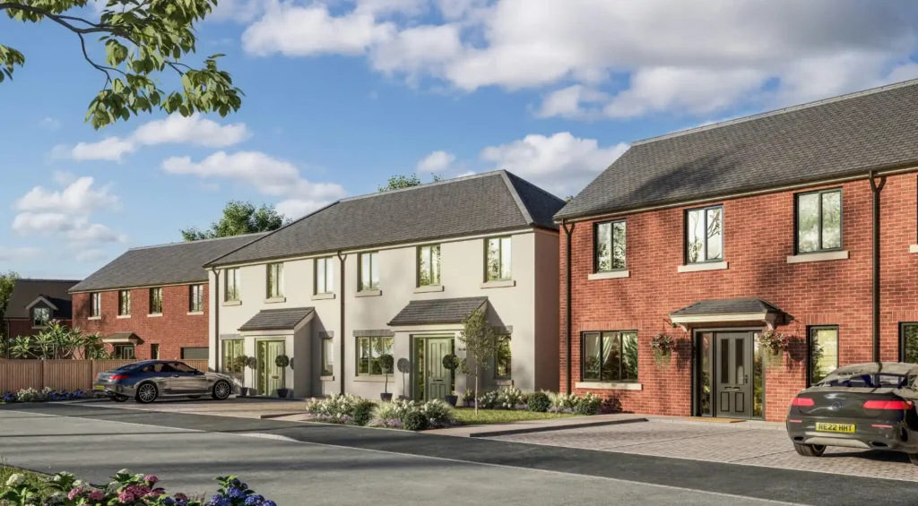 Modern suburban homes with cars parked outside.