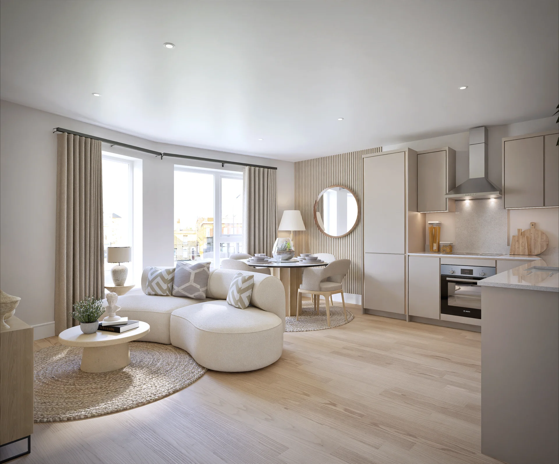 Modern living room with kitchen and dining area