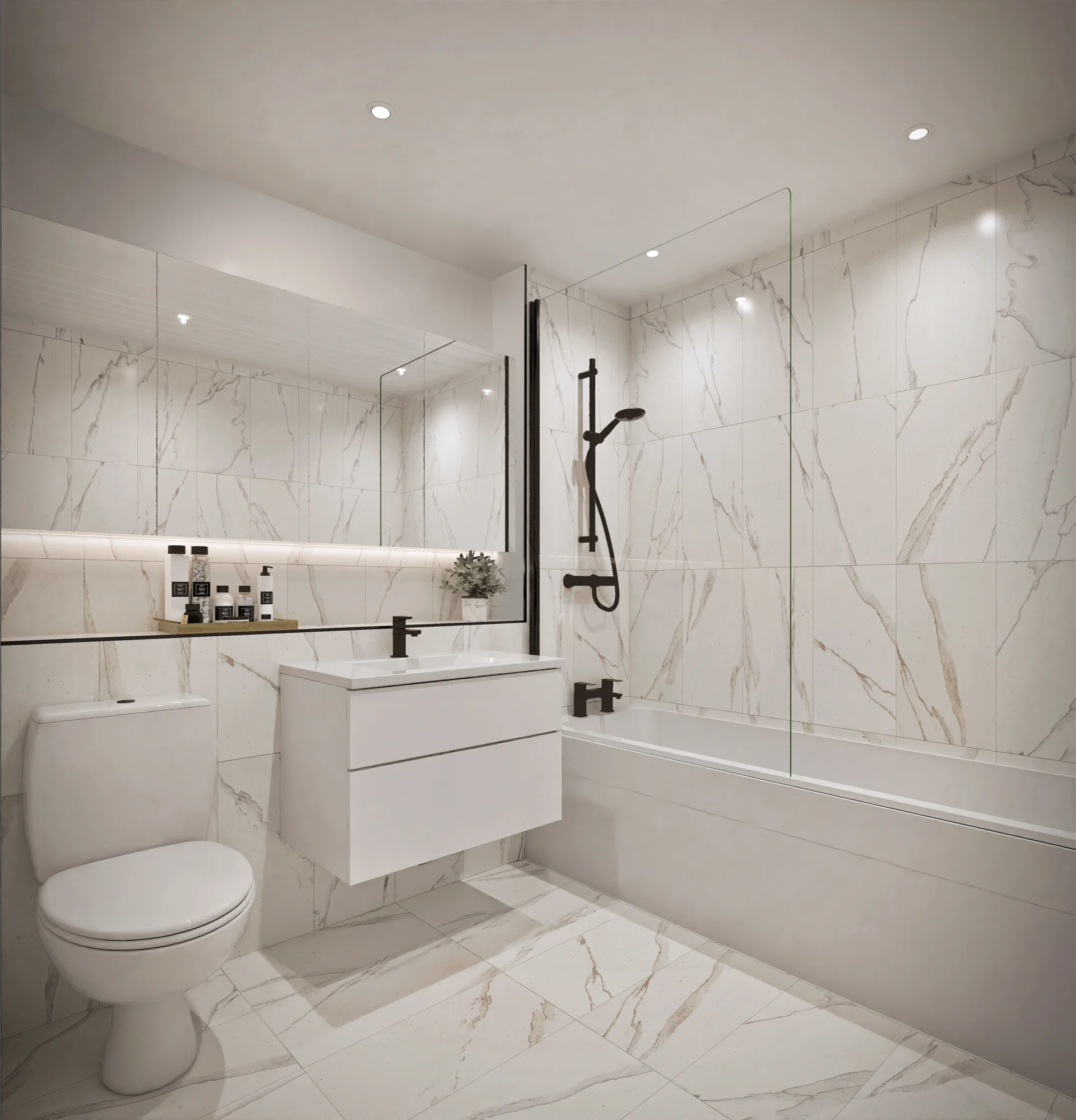 Modern bathroom with marble tiles and fixtures.