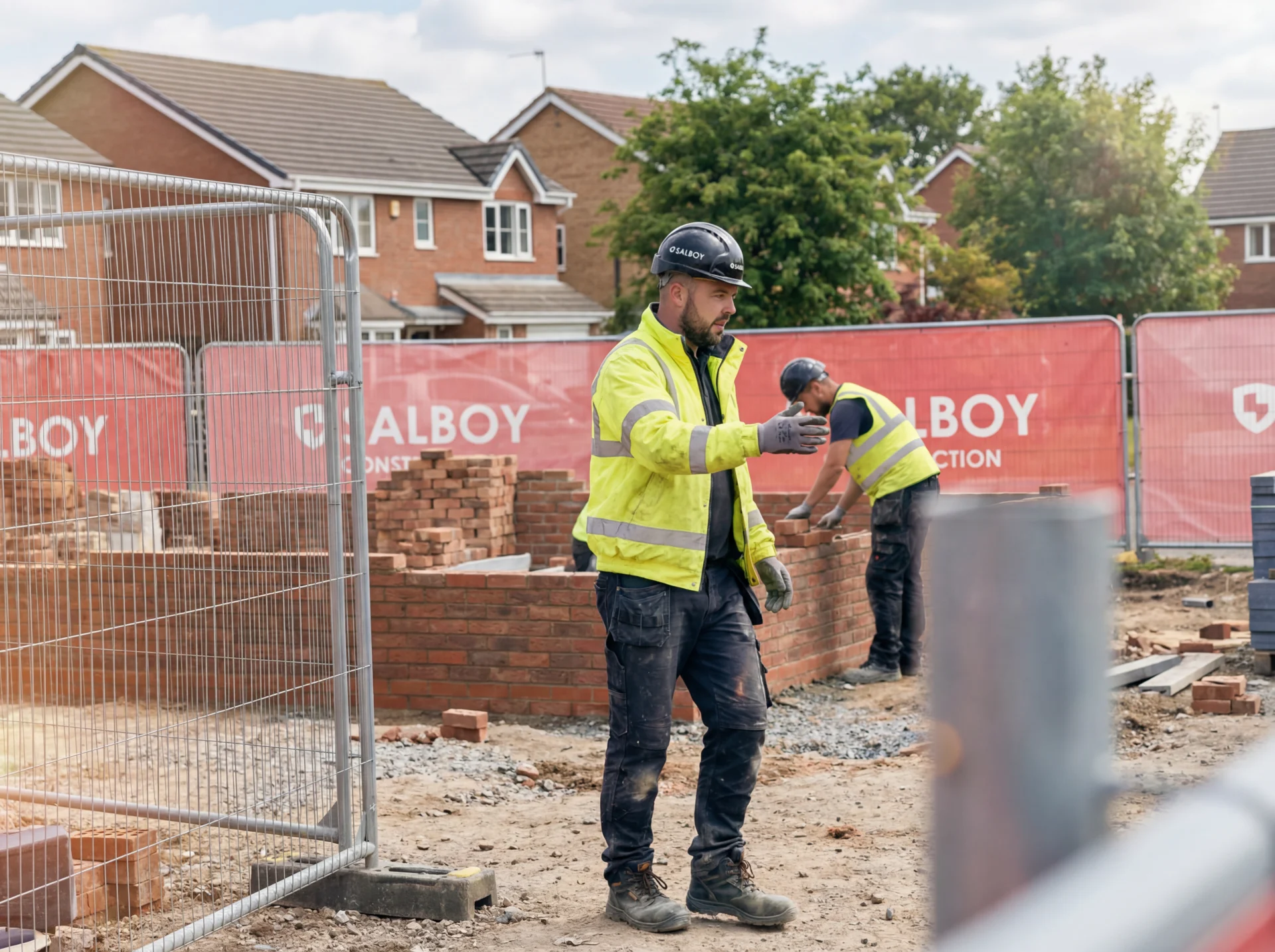 Construction workers building brick wall on site.