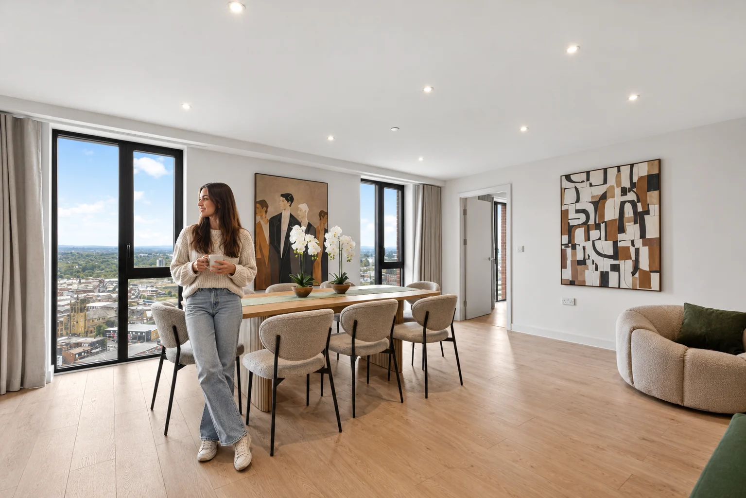 Spacious modern dining room with city view.