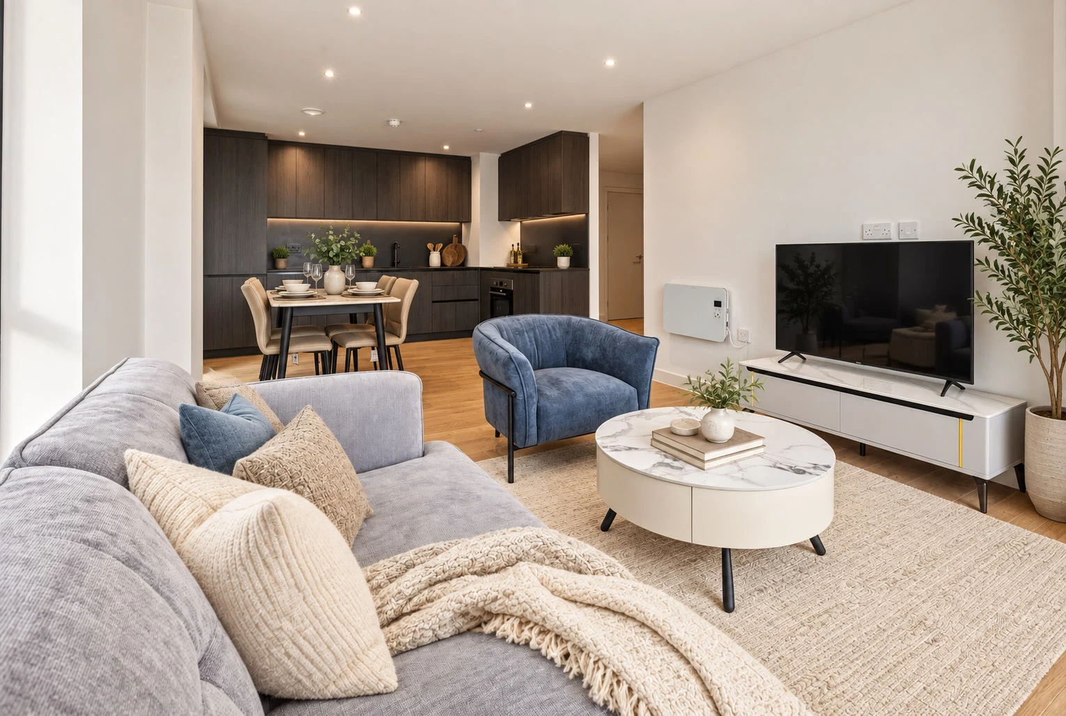 Modern living room with sofa and TV.