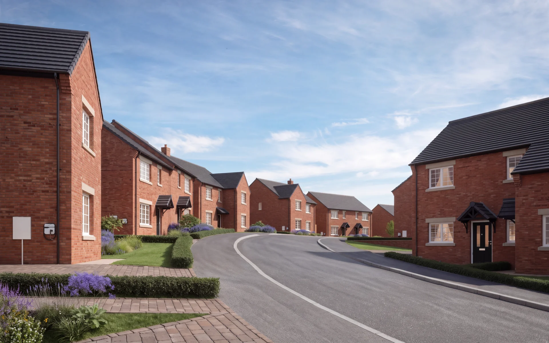 Modern brick houses on a suburban street.