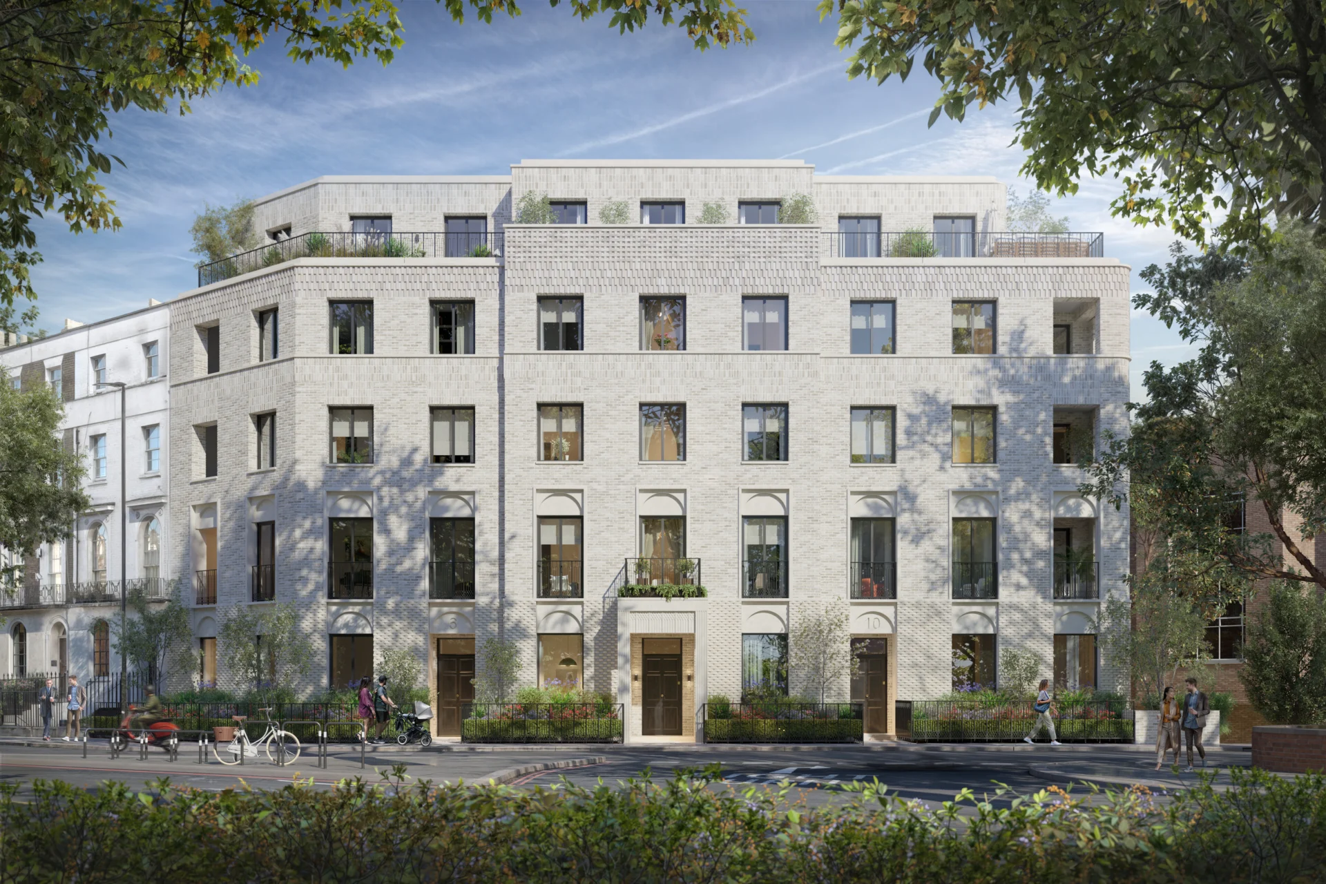 Modern apartment building with street view.
