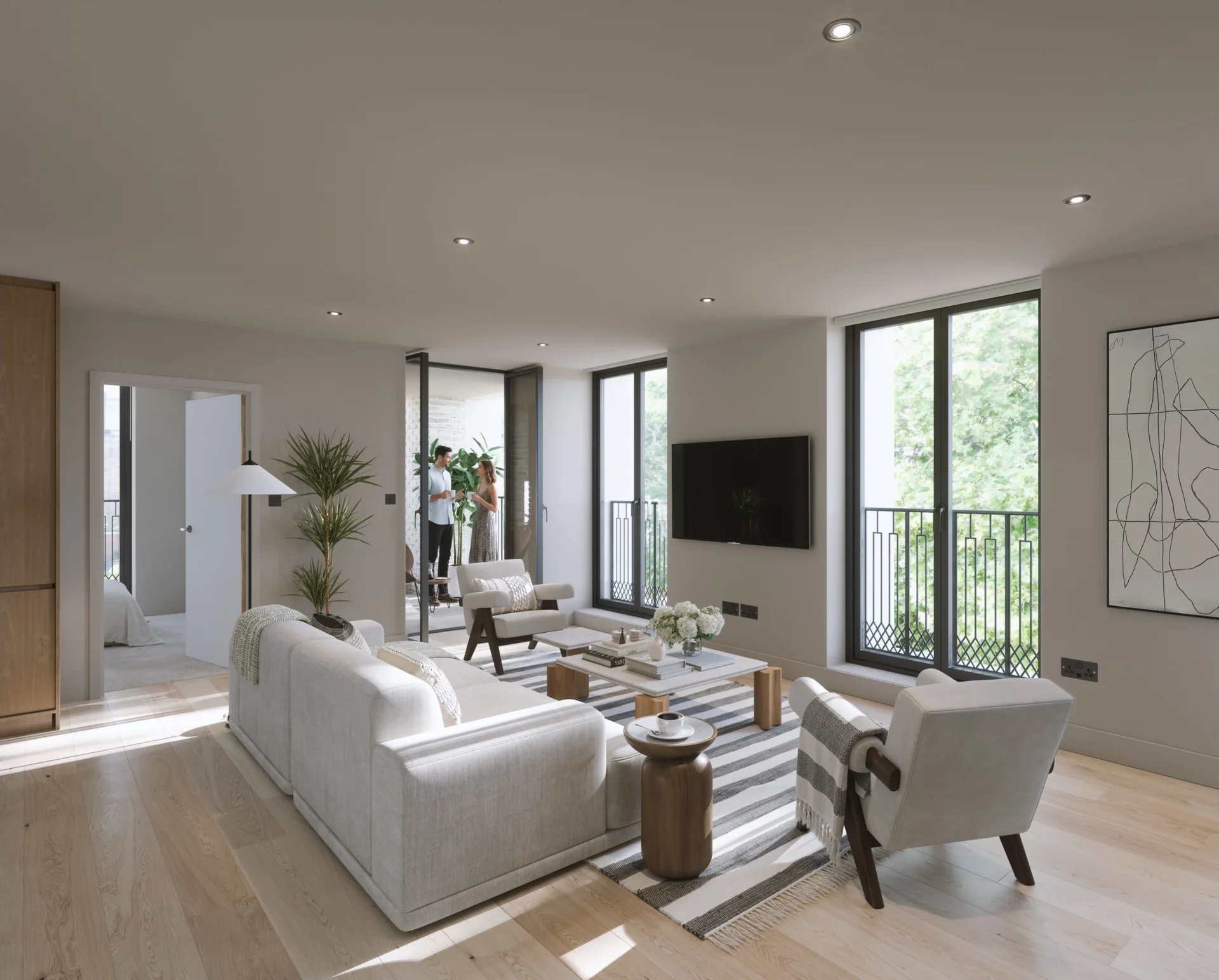 Modern living room with natural light and decor.