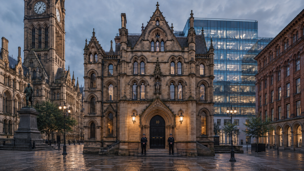 Historic building with clock tower at dusk