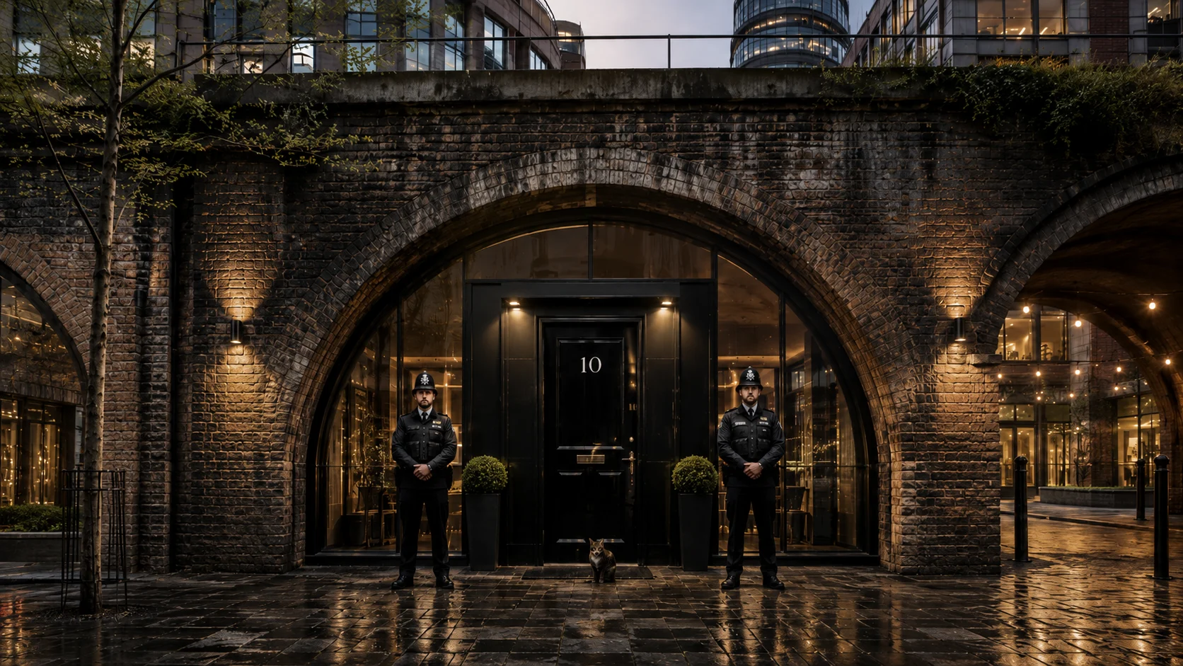 Policemen guarding building entrance under archway at night.
