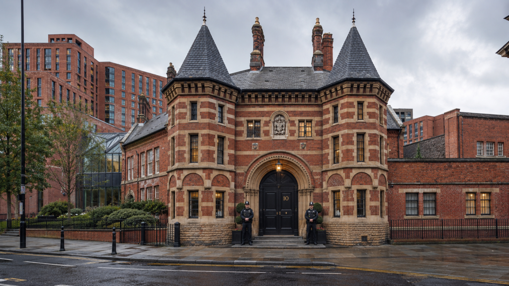 Historic red brick building with police guards.