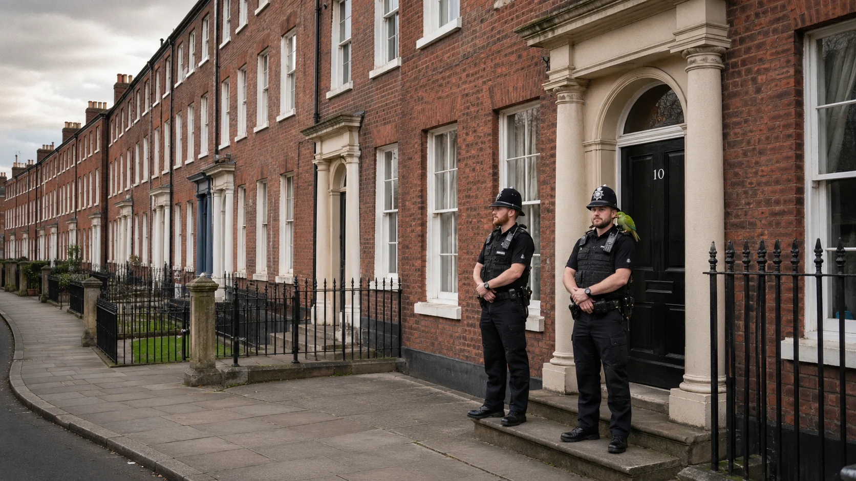Police officers guarding a row of brick houses.