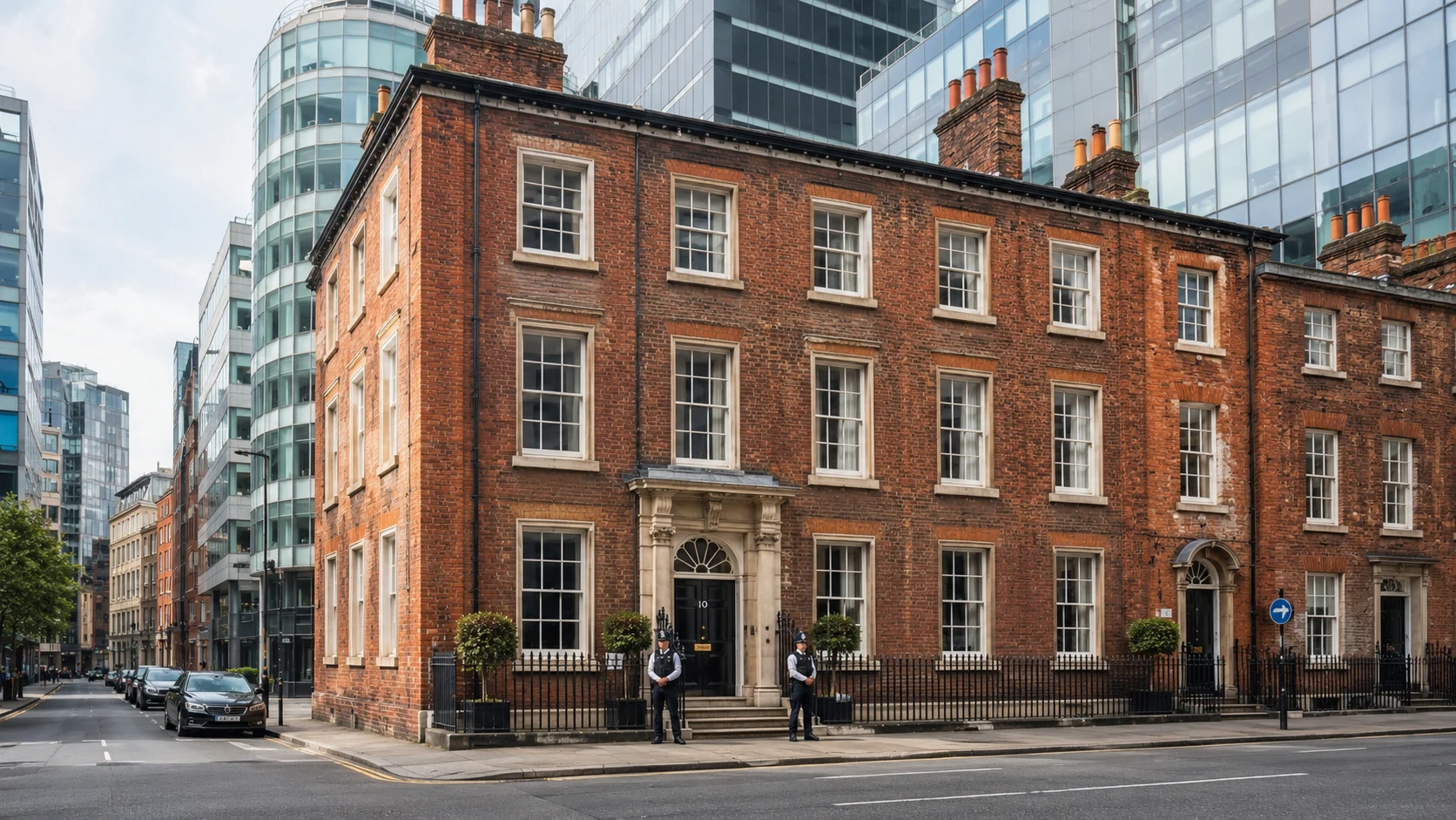 Historic brick building in modern cityscape