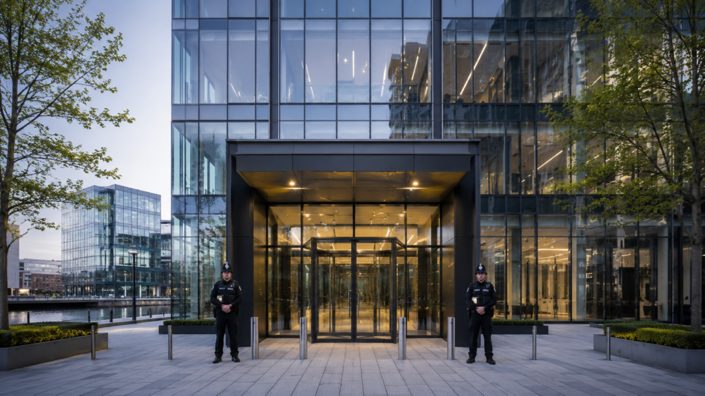 Security guards at modern glass building entrance.