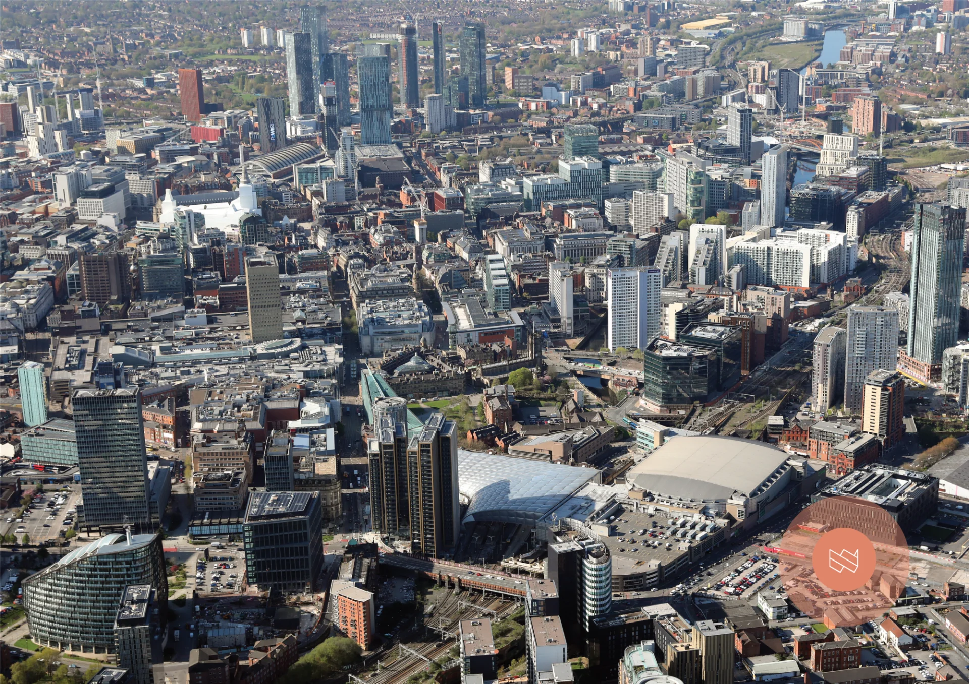 Aerial view of a modern cityscape.