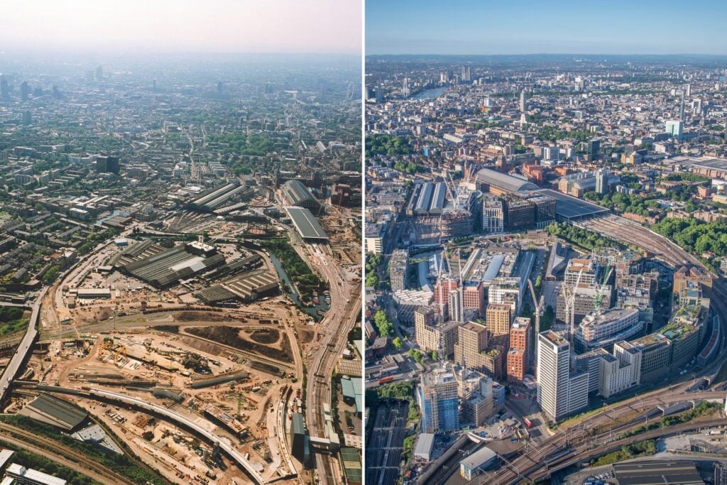 City skyline transformation, before and after construction.