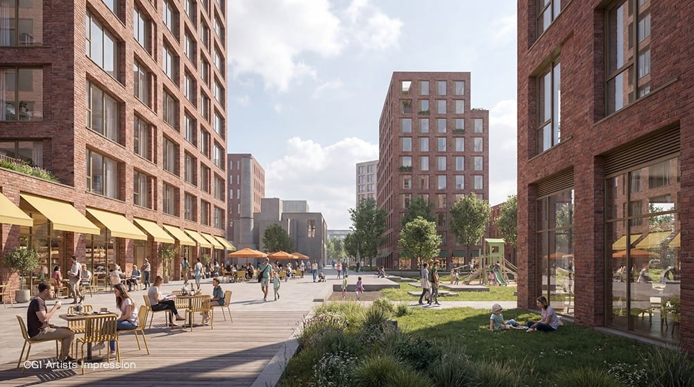 Modern urban plaza with buildings and people.