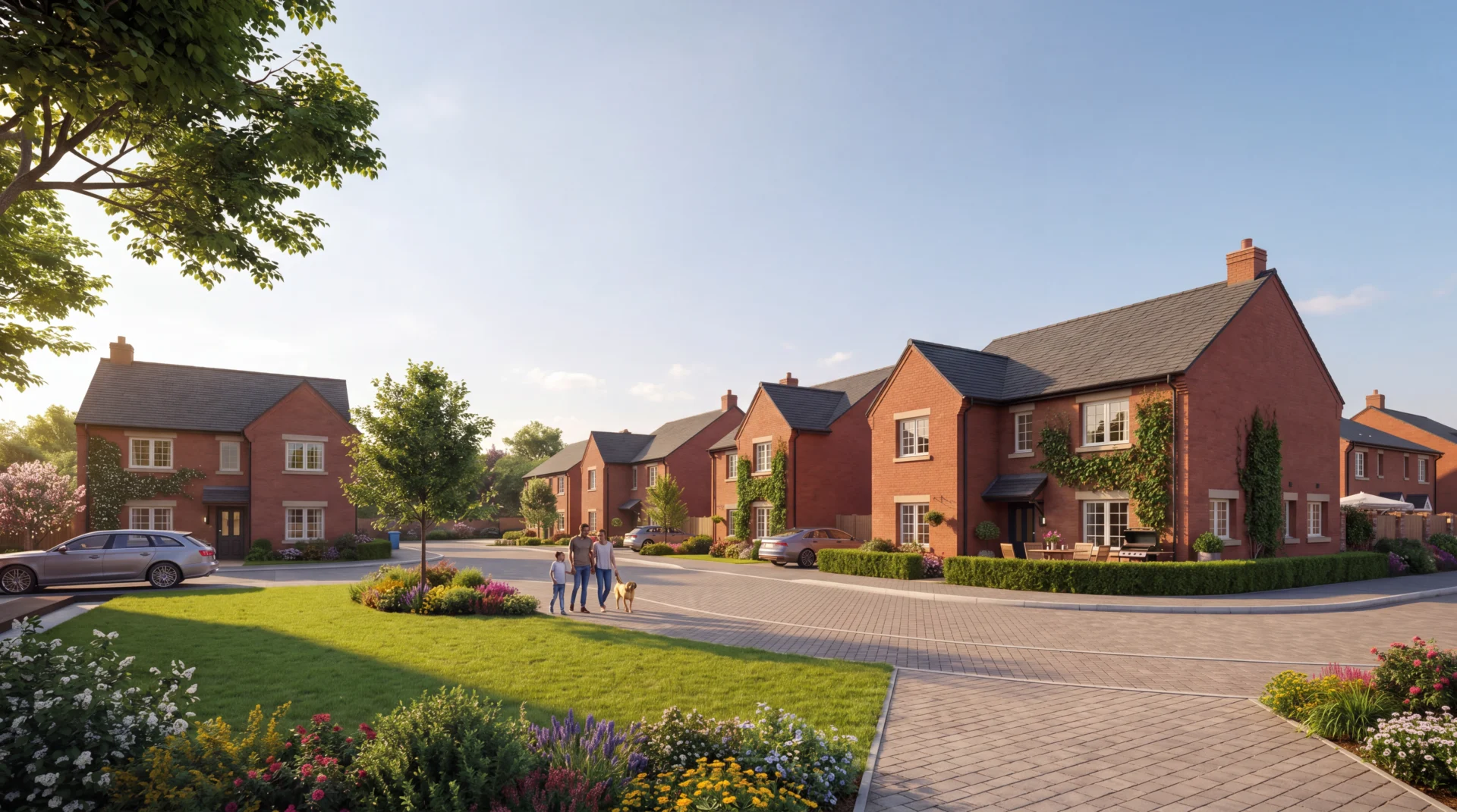 Suburban neighborhood with red brick houses and trees.