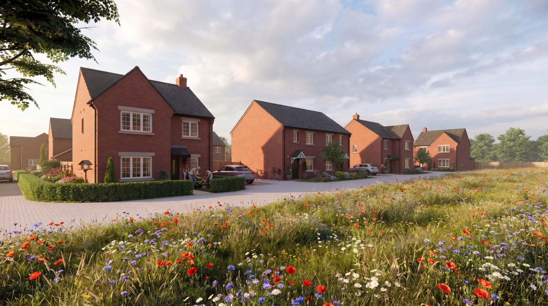 Suburban neighborhood with red brick houses and flowers.
