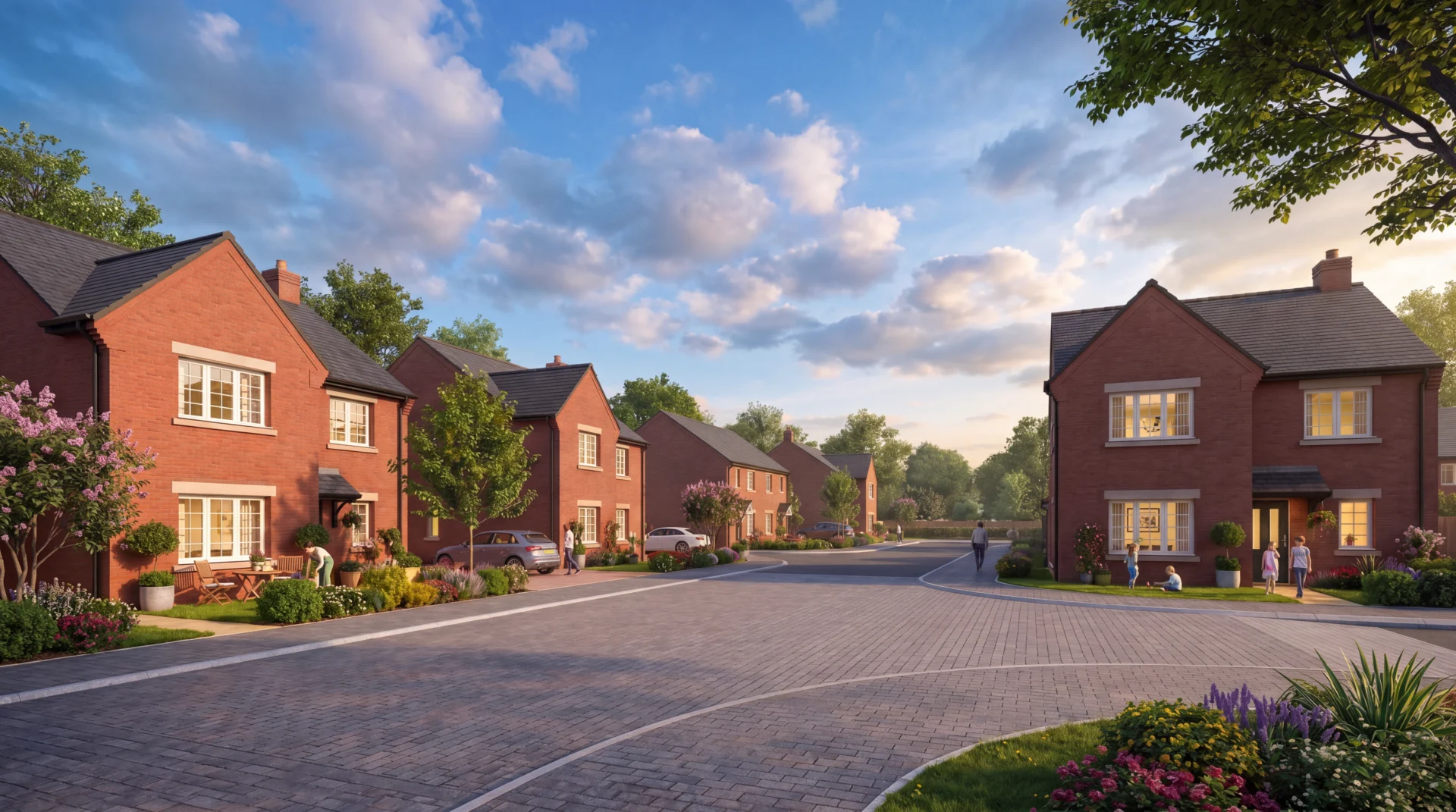 Suburban street with red brick houses and garden.