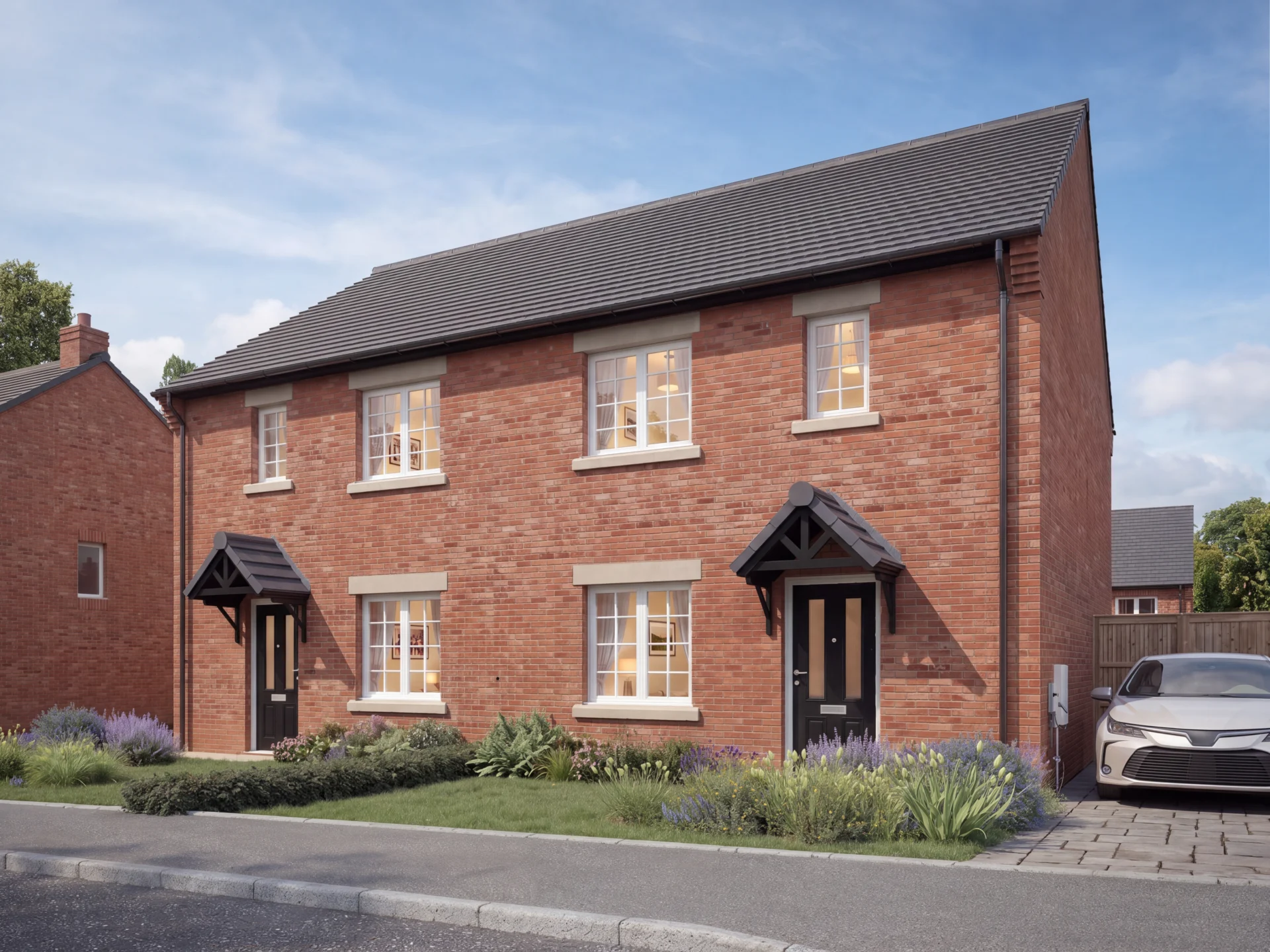 Red brick house with driveway and car.