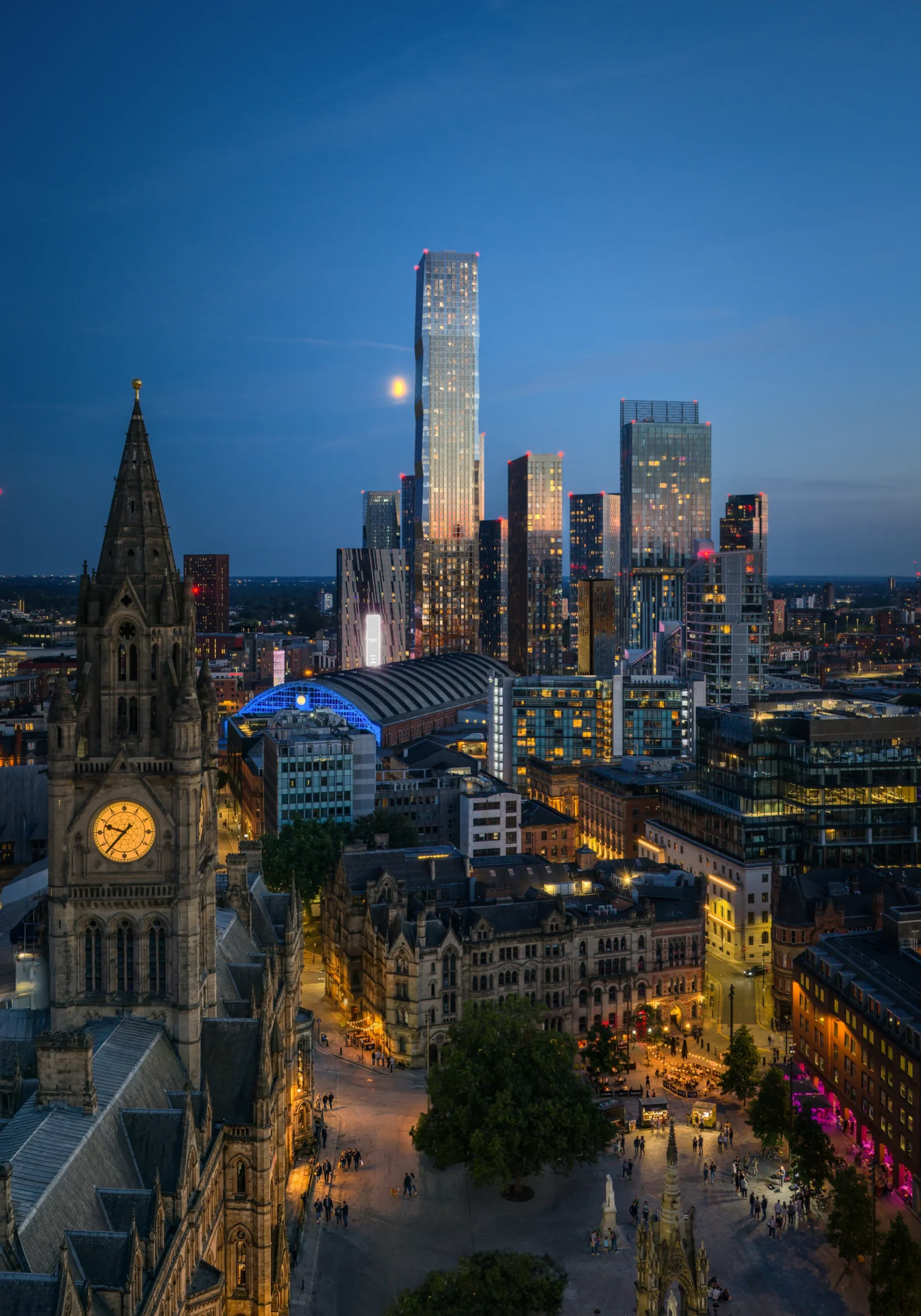Manchester skyline at dusk with Gothic clock tower